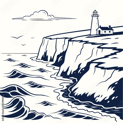 Stylized illustration of a lighthouse and house on a dramatic cliff overlooking the ocean with waves and seagulls