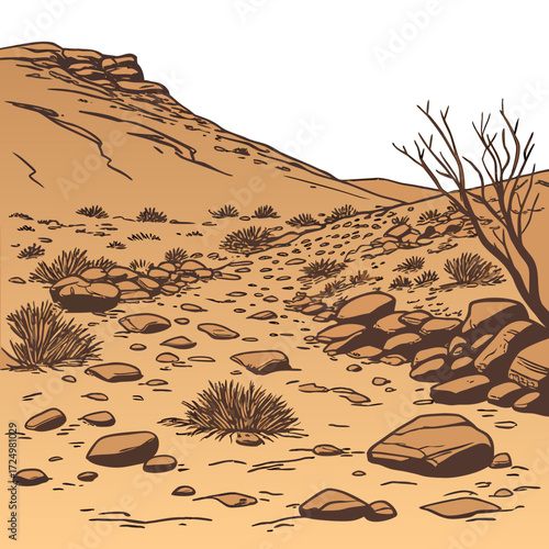 Stylized illustration of a barren desert landscape with rocky terrain and sparse vegetation under a clear sky