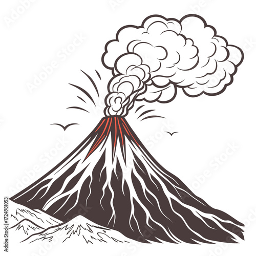 Stylized illustration of a large volcano erupting with smoke and lava against a white background