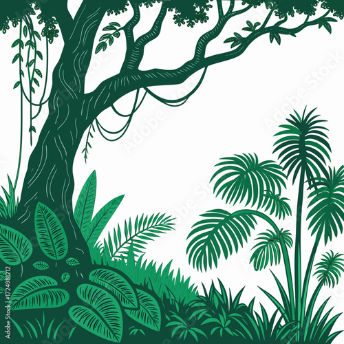 Stylized illustration of a lush jungle with a large tree hanging vines and tropical palm leaves