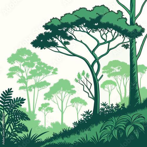 Stylized illustration of a lush green forest with varied trees and foliage in silhouette against a pale background