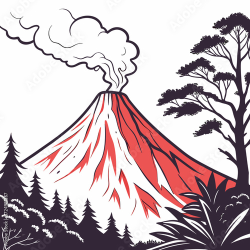 Stylized illustration of a majestic red volcano erupting with smoke billowing into the sky surrounded by dark trees and foliage
