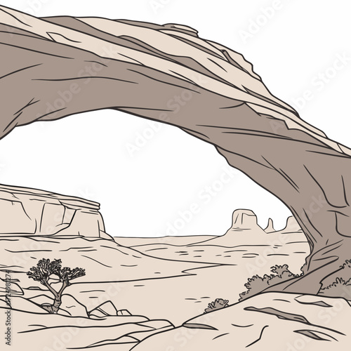 Stylized illustration of a natural sandstone arch framing a desert landscape with mesas and sparse vegetation