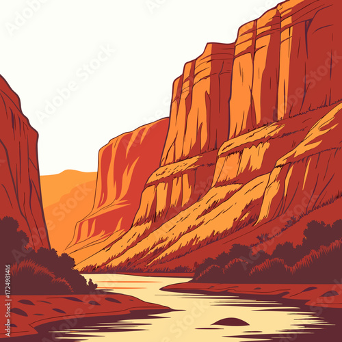 Stylized illustration of a sunlit canyon with a winding river and lush vegetation on its banks