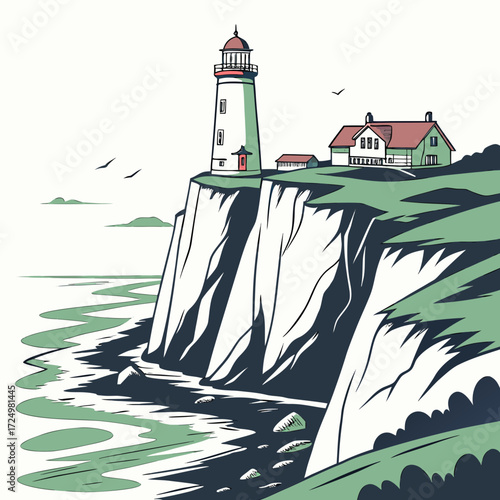Stylized illustration of a white lighthouse and dwelling on a dramatic cliff overlooking the sea