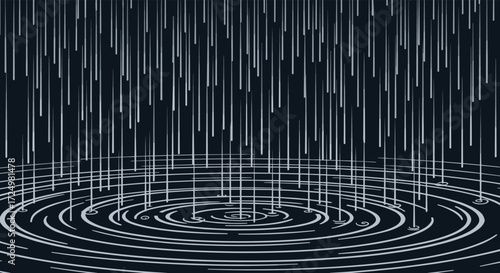 Abstract depiction of raindrops creating ripples on a dark water surface.