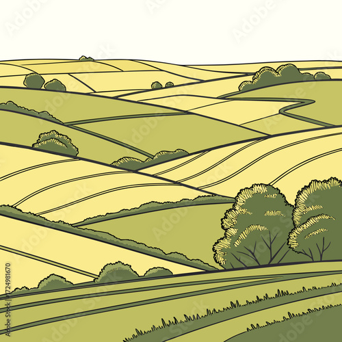Stylized illustration of rolling green and yellow agricultural fields with trees under a pale sky