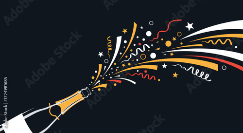 A festive celebration with champagne bursting with colorful confetti streamers and sparkling lights.