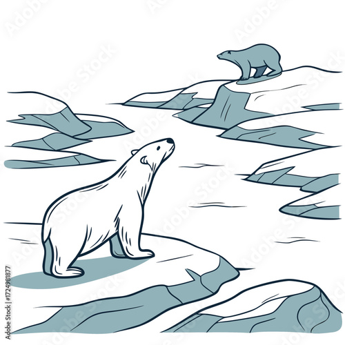 Two polar bears on ice floes in the arctic ocean with a clean minimalist illustration style