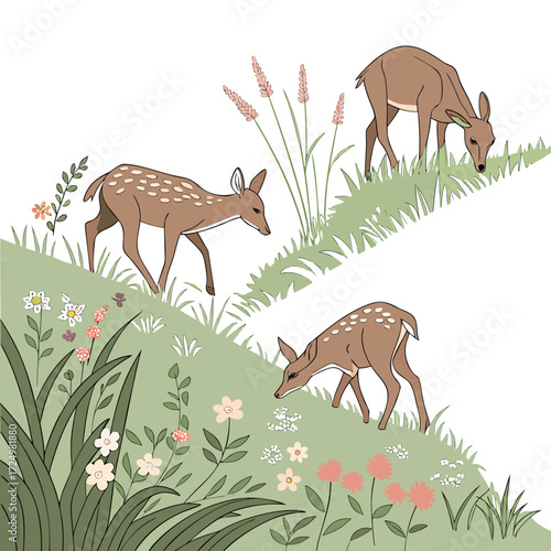 Three adorable spotted fawns grazing peacefully in a lush green meadow filled with delicate wildflowers and tall grass