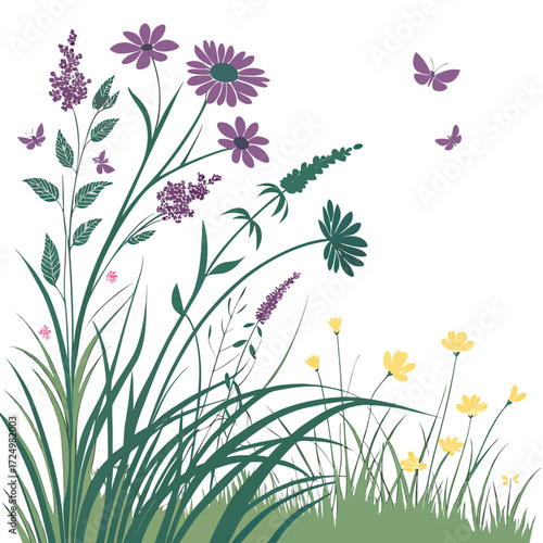 Whimsical illustration of purple and yellow wildflowers with green grass and delicate butterflies fluttering in a white background