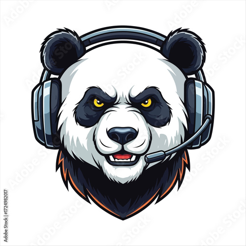 Fierce gaming panda mascot illustration featuring a headset with microphone, embodying intense focus and competitive spirit for online esports and streaming