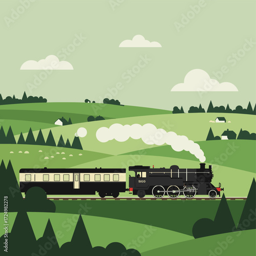 Vintage Steam Train Traveling Through Green Hills Illustration