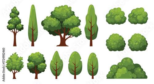A collection of pixel art trees and bushes in various shapes and sizes.
