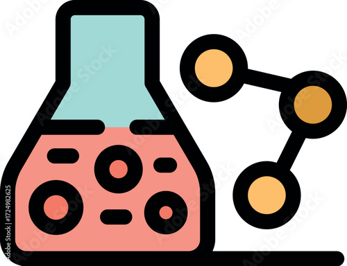 Laboratory flask undergoing a chemical reaction, creating a molecule visualized in the style of a scientific icon