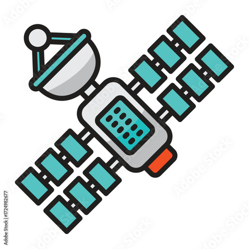 Stylized illustration of a satellite with solar panels