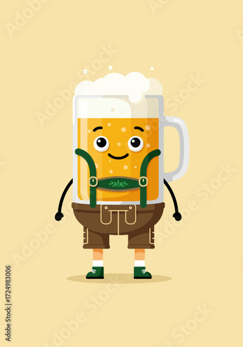 A unique flat design vector illustration featuring a whimsical beer mug character adorned in traditional German Lederhosen, perfect for adding a touch of humor to Oktoberfest themes.