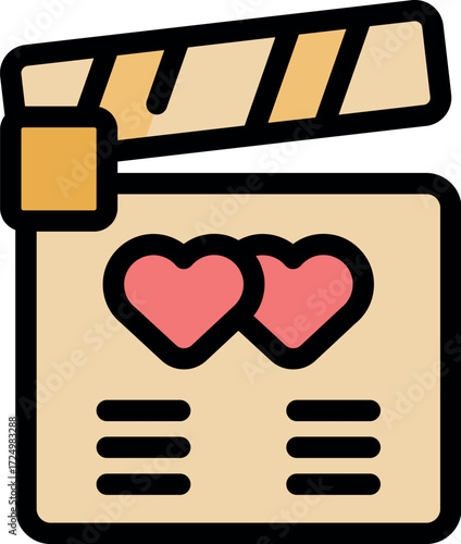 Open clapperboard with two hearts symbolizing a romantic film, movie about love, or wedding video production