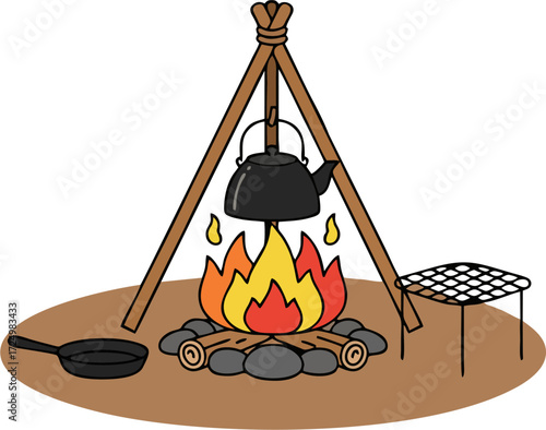 Minimalist Cartoon Campfire Cooking Vector – Tripod Kettle, Frying Pan, and Grill Outdoor Illustration