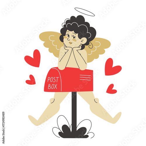 A cupid angel with wings sits on a red mailbox