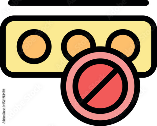 Medicine restriction is shown by prohibition sign on blister with pills, representing medication control or expiry