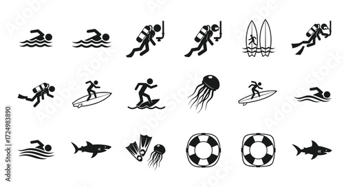 Collection of water sport and marine life icons illustrating diverse aquatic activities and creatures.