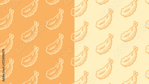 Shrimp tempura snack line art seamless pattern on orange background for food merchandise. Prawn tempura engraving doodle pattern background. Japanese fried shrimp hatching motif for culinary