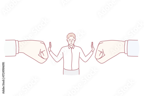 Business confidence and strength concept. Young calm businessman standing and deflecting blows from huge human hands from both sides with hands vector illustration
