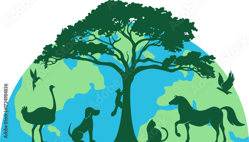 World animal day silhouette vector illustration on white background.Cartoon giraffe, zebra, tiger, and koala with green leaves, World Animal Day 4 October, wildlife conservation and biodiversity .
