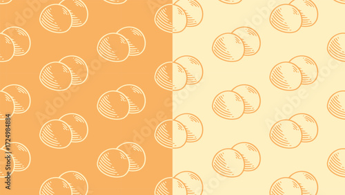 Mochi japanese dessert line art seamless pattern on orange background for food merchandise. Rice cake sweet snack engraving doodle pattern background. Wagashi food hatching motif for culinary