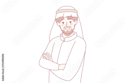 Portrait of Arabic man in traditional clothing. Smiling arab male in thobe follow muslim culture and traditional. Vector illustration.