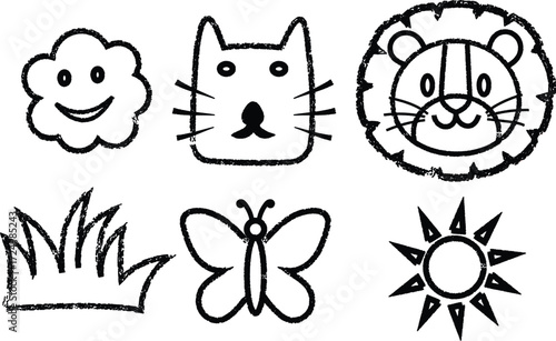Childlike drawings of a cloud cat, a lion, a grass butterfly, and a sun on a white background.