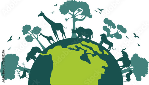 World animal day silhouette vector illustration on white background.Cartoon giraffe, zebra, tiger, and koala with green leaves, World Animal Day 4 October, wildlife conservation and biodiversity .