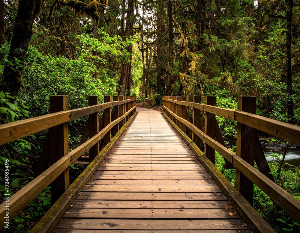 Obraz premium Wooden Footbridge in Lush Green Forest