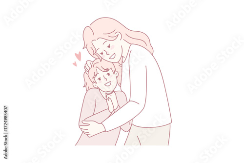 Happy mother hugging small daughter show love and care. Smiling young mom cuddle embrace little girl child. Motherhood and parenthood. Vector illustration.