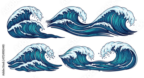 Dynamic pixel art illustrations of ocean waves crashing ashore in various styles.