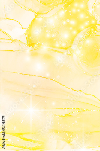 A vibrant, abstract background featuring swirling shades of yellow and white, with luminous, glowing light spots scattered throughout to create a sparkling, magical effect.