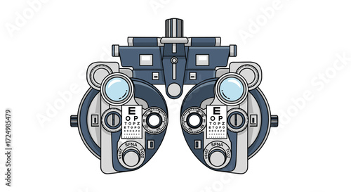 A detailed illustration of a diagnostic phoropter used during eye examinations.