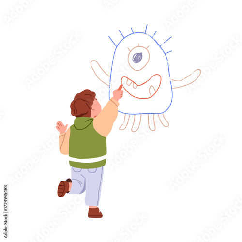 Kid drawing scribble monster on wall. Boy sketching cute funny cyclops with chalk. Child and doodle picture, creative fantasy, imagination. Flat vector illustration isolated on white background