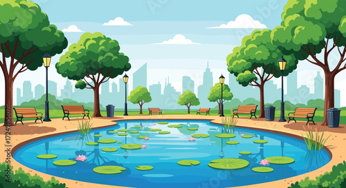 A serene park with a calm pond surrounded by benches and trees in front of a cityscape.