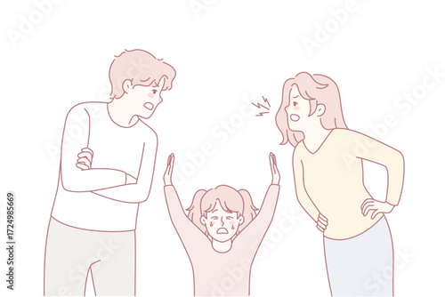 Unhappy little kid suffer from parents arguing. Small child struggle with mom and dad fighting. Domestic violence effect on children. Vector illustration.