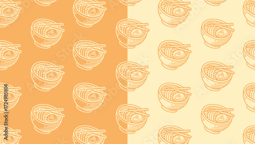 Ramen noodle bowl line art seamless pattern on orange background for food merchandise. Japanese udon engraving doodle pattern background. Asian ramen cuisine hatching motif for restaurant and culinary