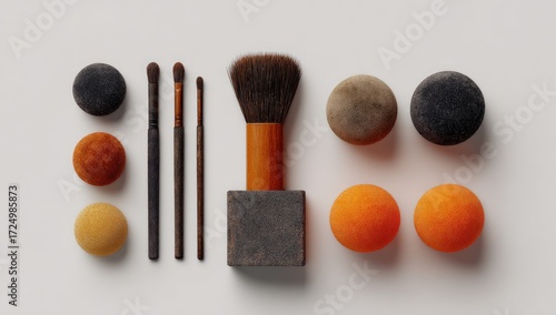 Dust-covered makeup brushes and textured spheres arranged symmetrically on a white background