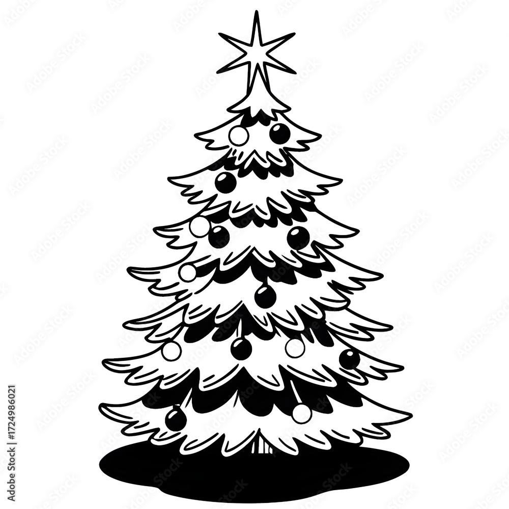Obraz premium Minimalist Line Art Christmas Tree with Ornaments and Star Vector White, Festive Holiday Tree Outline Illustration, Simple Christmas Tree Clipart, Winter Celebration Drawing