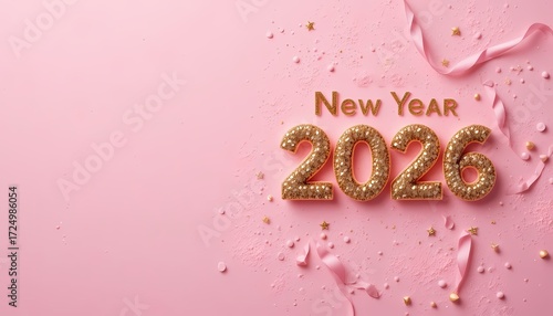 Sparkling Gold New Year 2026 on Pink Background - Festive Confetti, Ribbons & Glitter for Celebrations, Greetings, or Banners