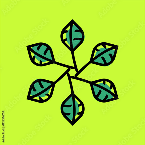 Geometric Leaves in Harmony: A vibrant illustration showcases six stylized leaves radiating outwards in a symmetrical design, set against a vivid backdrop, symbolizing growth and balance.