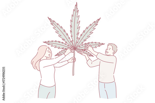 Growing marijuana herbal medicine concept. Two young smiling people cartoon characters standing holding huge marijuana leaf in hands vector illustration