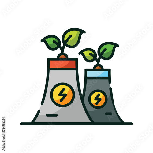 Stylized illustration of two cooling towers with plant sprouts