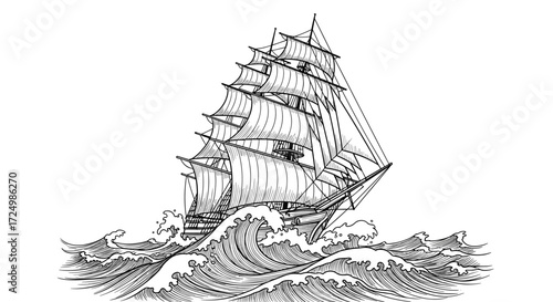 A majestic sailing ship navigates through turbulent ocean waves under a full set of sails.