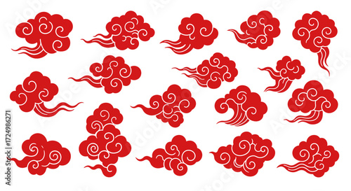 Elegant collection of traditional red Chinese cloud silhouettes and decorative oriental-style vector icons, portraying heavenly fog and sky shapes, ideal for cultural design